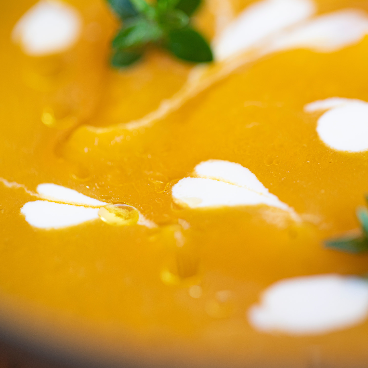 Vellutata di zucca in primo piano con decorazione di panna